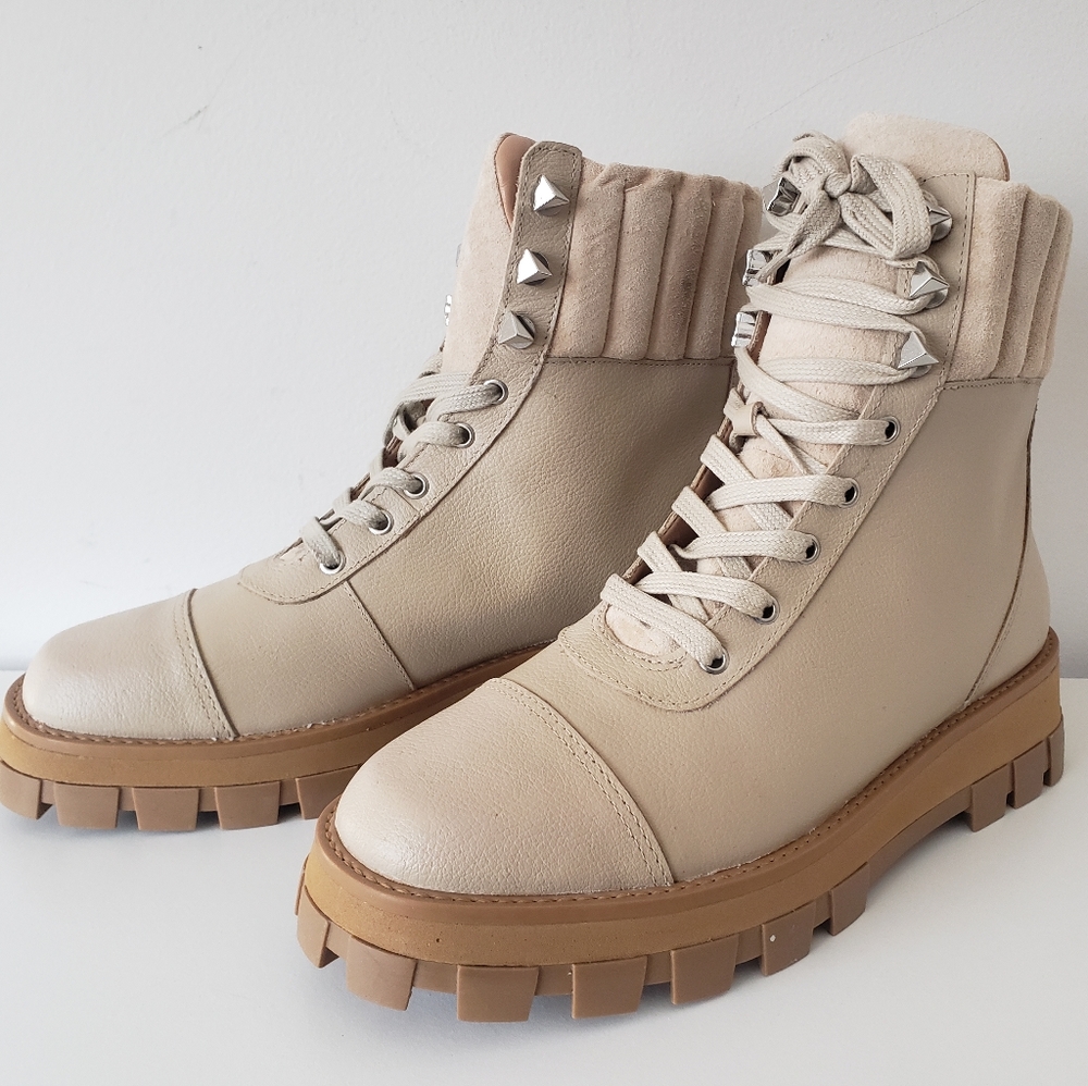SCHUTZ Cream Leather Studded Combat Boots Lug Sole Size 9.5